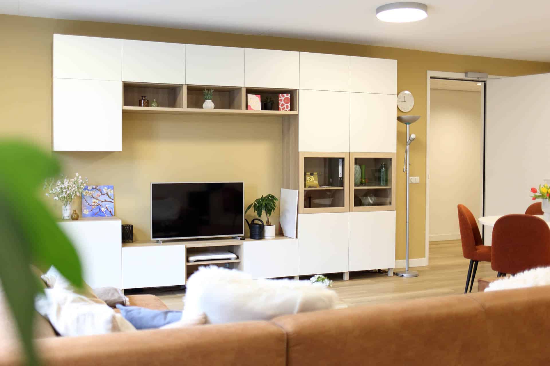 Woonkamer met tv-meubel, kastwand, planten en comfortabele zitplekken.