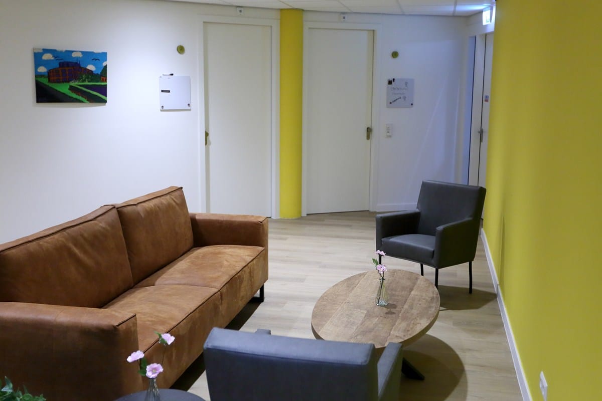 Hal met een bruine leren bank, twee grijze stoelen, houten salontafel en een gele accentmuur.